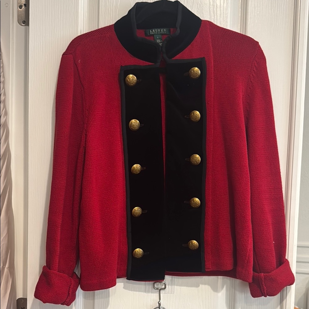 Ralph Lauren Red and Black Cardigan with Gold Buttons